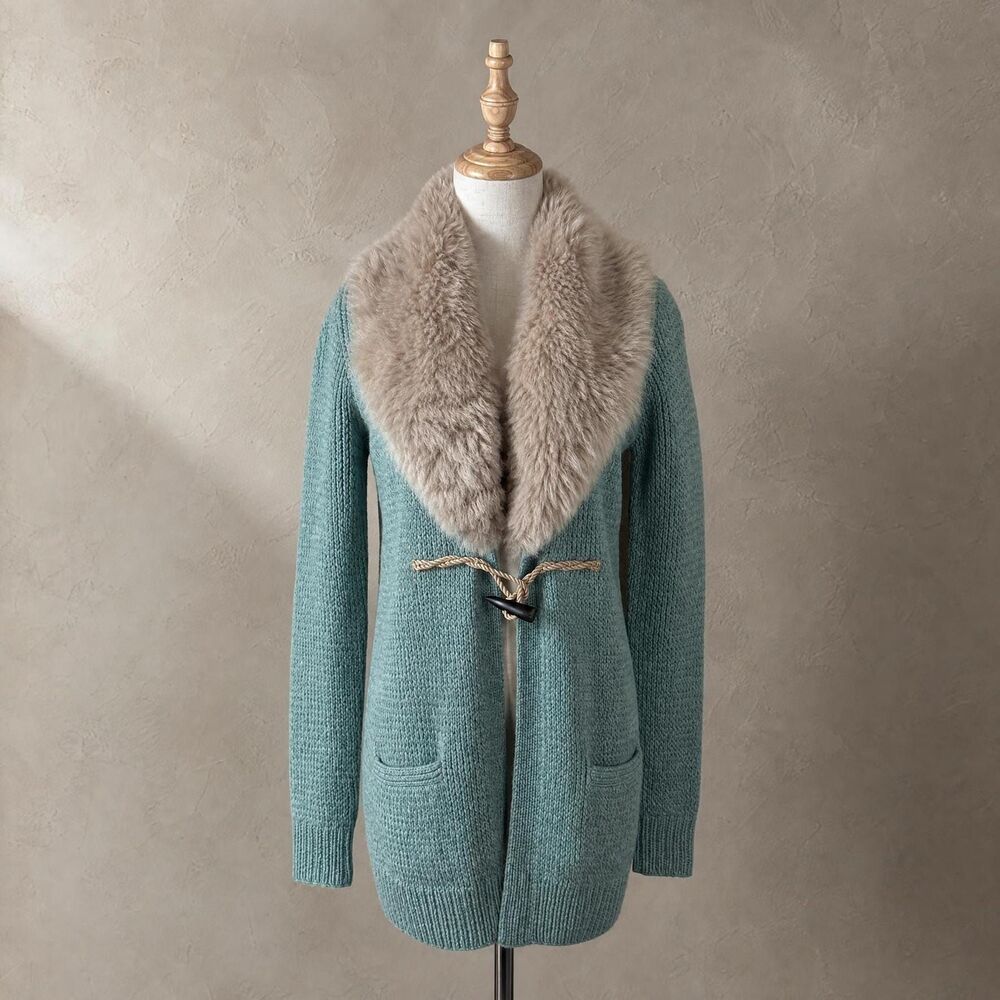 Ralph Lauren Blue Label Shearling Collar Hand Knit Cardigan Duck Egg Blue | S